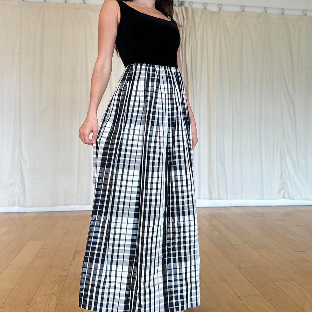 Lanz Official Women’s Small Gown Black White Gingham Velvet Maxi Vintage